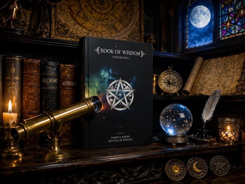 May include: A mystical scene featuring a black book titled "Book of Wisdom" with a silver pentagram. A brass telescope, a glowing crystal ball, and antique books are on a wooden shelf. A lit candle and a full moon in the background add to the magical ambiance.
