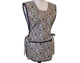 Vintage Inspired Birds & Flowers/Cobbler Smock Style Cotton Apron with two lined pockets and blackberry bias accent trim