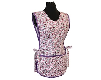 Vintage Inspired Floral Cobbler Smock Style Cotton Apron with two lined pockets and solid purple accent trim