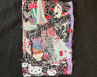 Abstract Fabric Art – Kitty Faces, Eiffel Tower, Music Notes (4x6 inches)