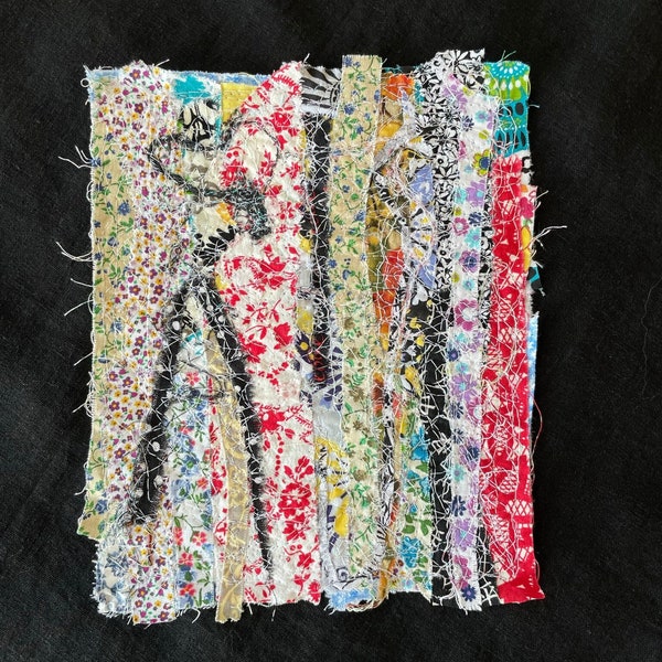 Abstract Fabric Scraps Textile Art Collage - Wall or 7.5 inches Art - Cotton Fabric Art  6.5 x 7.5  inches - Story telling - Little Heart