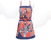 Multi-Patchwork Cotton Apron with one pocket - Wearable Art - Blue, Orange, Gray, White and Black