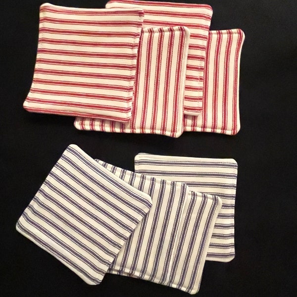 1 set of 4 Blue or Red Stripe Cotton Ticking Coasters - Drinkware - Small Size 3.75 inch Square Coasters