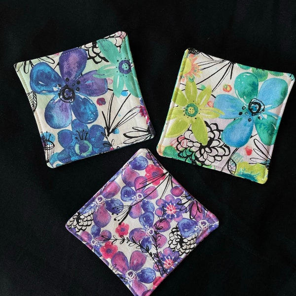 Mitzie's Mix and Match 100% Cotton Coasters with Natural Cotton Batting/4.25 inch/Tropical Florals/Choices Teal Green, Purple or Blue Aqua