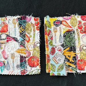 Abstract Cotton Fabric Textile Art Collage/Wall or TableTop Art/2 Fabric Art pieces/Story telling/upcycled 100% cotton scraps/Food Theme