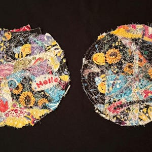 Abstract Cotton Fabric Textile Art Collage/Wall or TableTop Art/2 Fabric Art pieces/Story telling/upcycled 100% cotton/6 inches diameter