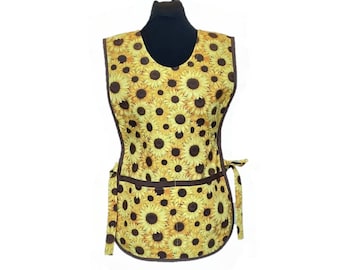 Sunflower Smock Style Cotton Apron with two pockets - over the head apron