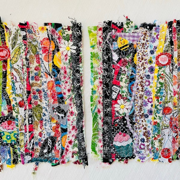 Abstract Cotton Fabric Textile Art Collage - Wall or TableTop Art - 2 Fabric Art pieces  6 w x 8 h  inches - Story telling/upcycled cotton