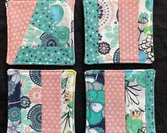 1 Set of Four (4) Reversible Cotton Coasters/4.25 inch Square/Florals, Dots/peach, teal, blue, white, gray, green, purple, black