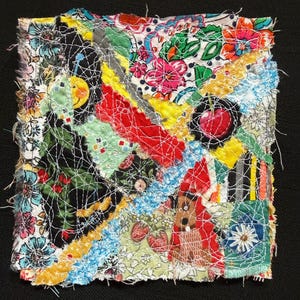 May include: A square textile collage featuring a patchwork of various fabric scraps in vibrant colors including red, yellow, blue, green, and black. The piece is held together by visible white thread stitching in a chaotic, overlapping pattern.