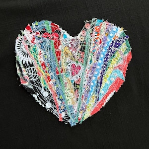 Upcycled Textile Art Collage – Heart Shaped Fabric Scrap Patch