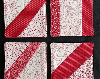 Upcycled Cotton Coasters, Quilted Style, Red and White, Set of 4