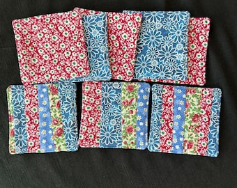 Floral Cotton Coasters, Quilted Drink Coasters, Set of 8