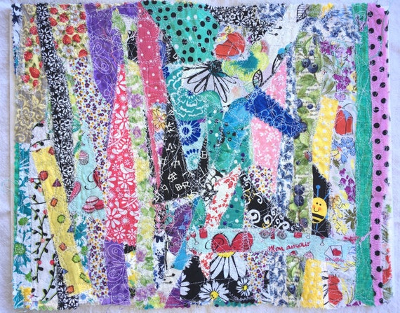 Abstract Fabric Scraps Textile Art Collage - Wall or