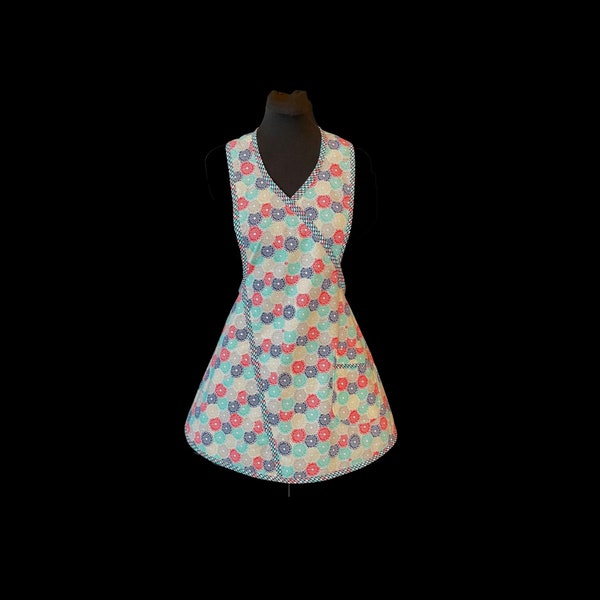 Fun Flirty Floral Medallion Print Lightweight Cotton Apron with one lined pocket / Clara Apron / Small Size/handmade bias trim