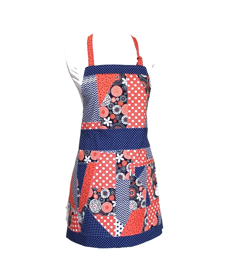 Gray Blue Orange Multi-Patchwork Cotton Apron with one pocket Wearable Art White and Black