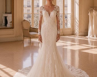 Boho Sheer O Neck Mermaid Wedding Dress, Long Sleeve Lace Applique Bridal Gown, Elegant Bride