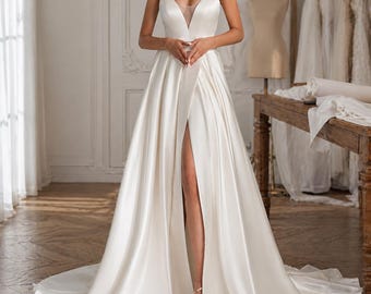 Sweetheart Satin A Line Wedding Dress, High Slit Sweep Train Bridal Gown, Boho Bride