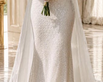 Off Shoulder Sequin Wedding Dress, Detachable Train Bridal Gown, Sparkly Bride
