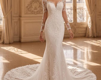 V Neck Mermaid Wedding Dress, Luxury Lace Applique Bridal Gown, Princess Bride