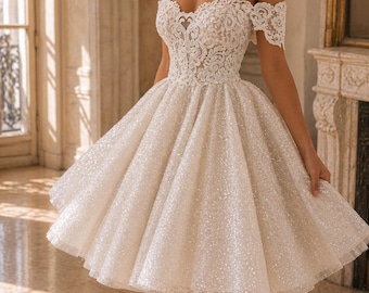 Off Shoulder Short Wedding Dress, Glitter Lace Applique Bridal Gown, Beach Bride