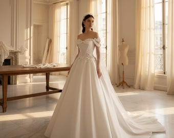 Vestido de novia con hombros descubiertos y flores en 3D, vestido de novia con apliques de encaje brillante, novia de princesa en la playa, blanco