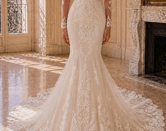 Boho Sheer O Neck Mermaid Wedding Dress, Long Sleeve Lace Applique Bridal Gown, Elegant Bride