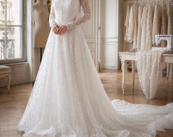 Vestido de novia de manga larga con lentejuelas y efecto ilusión, vestido de novia con cola de encaje, elegante para la novia.