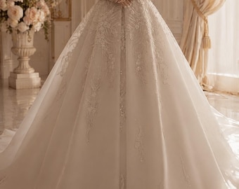 Strapless Sleeveless Beaded Wedding Dress, Elegant Lace Bridal Gown