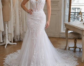 Trouwjurk met trompetkant, mouwloze bruidsjurk met kanten appliqué, langwerpige bruid