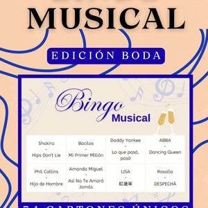 Op de afbeelding: Een blauw-witte Bingo Musical-spelkaart met de tekst "BINGO MUSICAL" en "EDICIÓN BODA". De kaart bevat een lijst met muziekkunstenaars en songtitels, met de woorden "54 CARTONES ÚNICOS" onderaan.