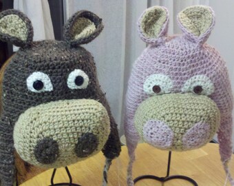 Crochet Hippo Hat, Winter Animal Beanie