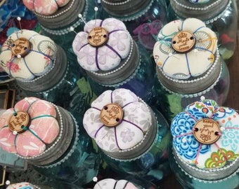Vintage pincushion, needle kit, sewing kit, vintage ball jar, sewing supply kit, vintage sewing kit