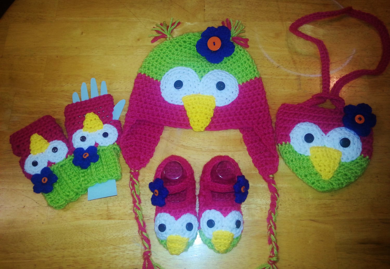 Crochet Owl Winter Set, Handmade Acrylic Hat, Mittens, Slippers