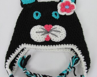 Crochet Cat Hat, Winter Beanie with Flower Detail