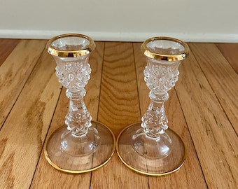 Vintage Cristal d'Arques French Crystal Candlestick Holders - Longchamp Gold Pattern, Set of 2