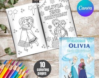 Disegni da colorare di Frozen, bomboniere di Frozen, compleanno a tema Frozen, foglio di attività per il compleanno, modificabile su Canva, modello online, digitale