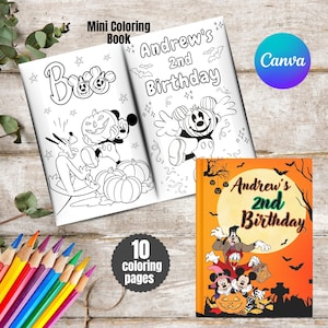 May include: A mini coloring book featuring black and white line art of cartoon characters with pumpkins and the text Boo and Andrew's 2nd Birthday. A separate orange cover shows the same characters against a full moon with the text Andrew's 2nd Birthday.
