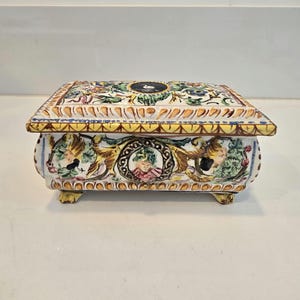 Vintage Italian Ceramic Trinket Box, Hand-Painted Swan Cherub Jewelry Box