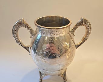 Azucarero antiguo victoriano chapado en plata, Hartford Silver Co., con grabado floral (c. 1881-1893)