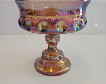 Indiana Glass "Kings Crown" Thumbprint Carnival Glass Compote - Iridescent Amber Gold Pedestal Candy Dish