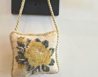 Handmade Yellow Rose Needlepoint Door Hanger Mini Pillow