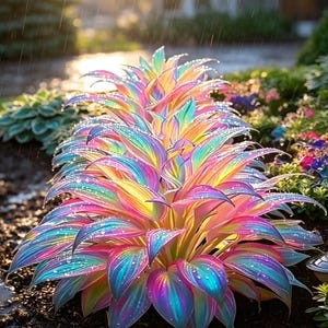 May include: A vibrant, rainbow-colored plant with long, pointed leaves. The plant is covered in water droplets, reflecting the sunlight. The leaves transition through shades of pink, yellow, blue, and green, creating a stunning visual effect. The plant is in a garden setting.