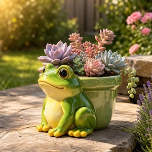 May include: A glossy green ceramic planter shaped like a sitting frog with large black eyes and a pale yellow belly. The planter holds a variety of colorful succulents, including light purple, pale green, and pinkish-toned rosette plants.