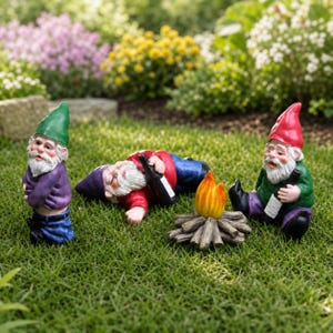 May include: Three garden gnome figurines on grass. One stands in a green hat and purple shirt. Another lies down in a red shirt and blue pants holding a bottle. The third sits in a red hat and green shirt holding a bottle near a small campfire.
