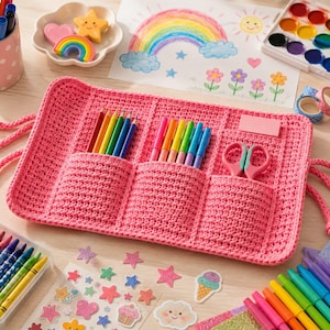 May include: A pink crocheted organizer with three pockets containing colored pencils, markers, and scissors. The rectangular fabric holder features matching pink crocheted ties on the sides and a textured stitch pattern throughout the design.