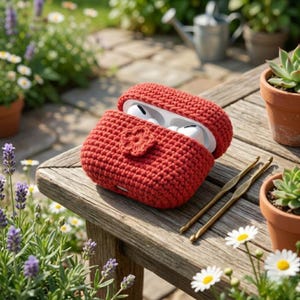 May include: A red crocheted earbud case, open to show white earbuds. The case features a floral design and sits on a wooden surface. Two crochet hooks are placed nearby. The setting is outdoors, surrounded by plants and flowers.