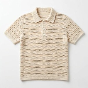 May include: A cream-coloured, short-sleeved crochet polo shirt with a collared neckline. The shirt has a three-button placket and an open-weave texture. This handmade shirt is a stylish addition to any wardrobe.