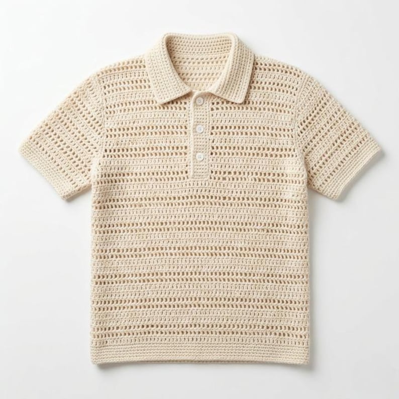 May include: A cream-coloured, short-sleeved crochet polo shirt with a collared neckline. The shirt has a three-button placket and an open-weave texture. This handmade shirt is a stylish addition to any wardrobe.