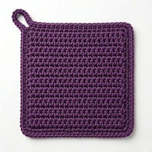 May include: A square, handmade, purple crochet potholder with a loop for hanging. The potholder is made with a tight stitch pattern, and the edges are neatly finished. The color is a deep, rich purple.